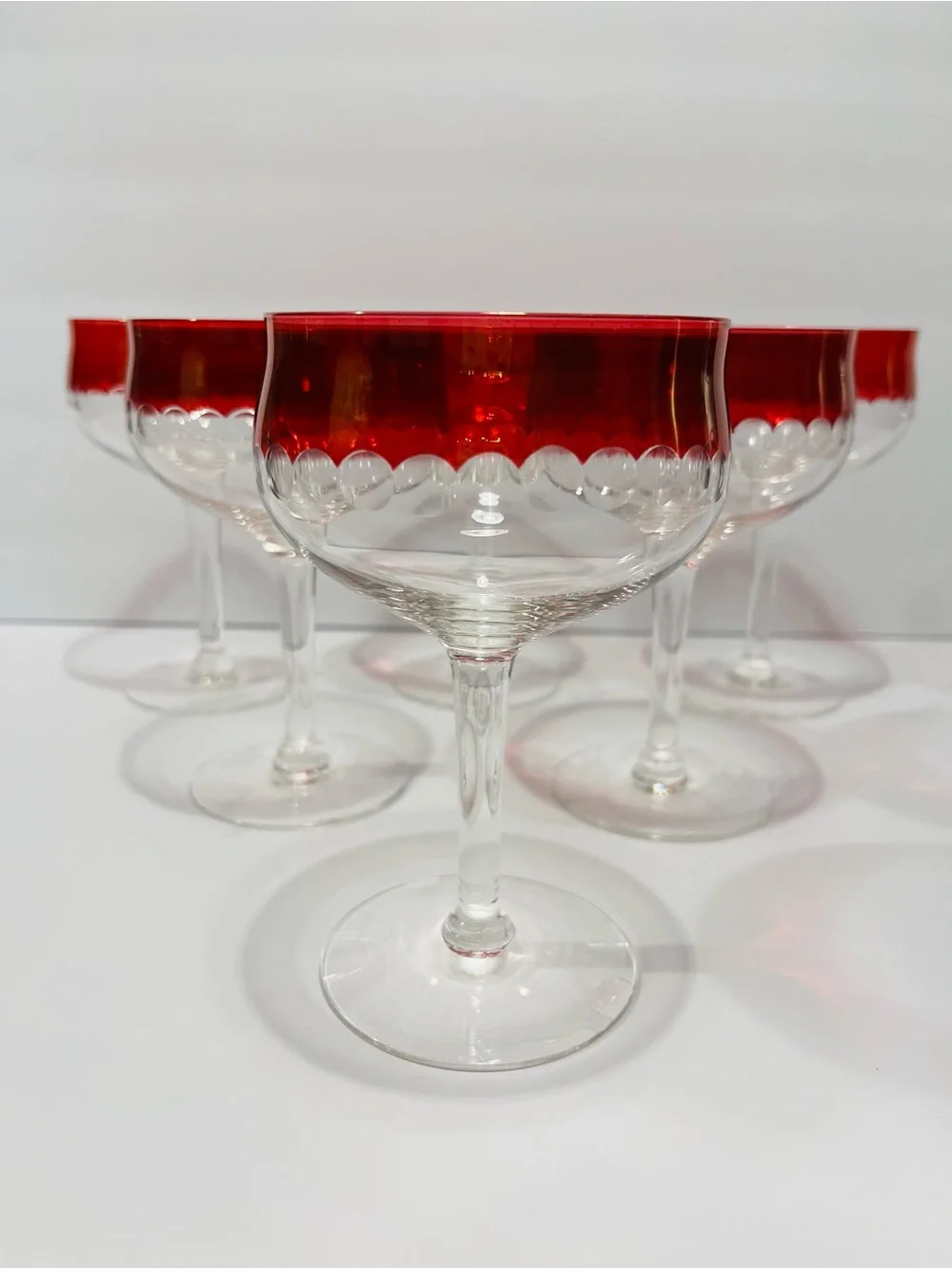 Vtg MCM Czech Thin Crystal  Cranberry & Cut Dots Set of 6 Coupe or Wine Glasses